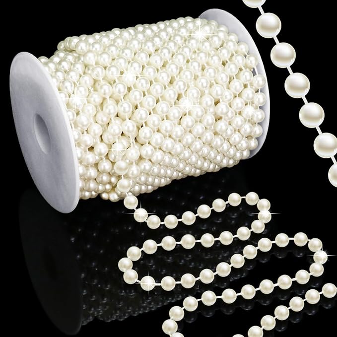 59 Feet 8mm Pearl Strings Garland for Crafts, Artificial Pearl Beaded Trim Chain Roll Strands for Wedding Centerpieces Bouquet Party Decoration Christmas Tree Garland, Ivory