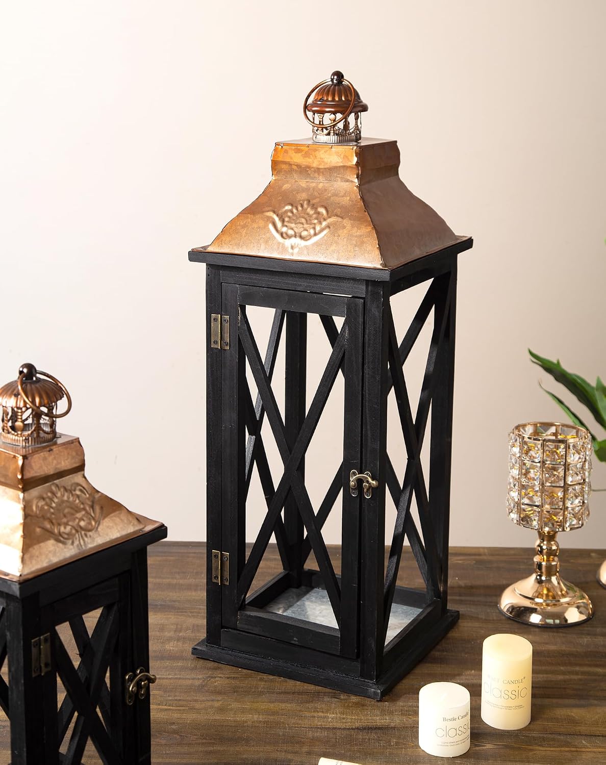 Large Farmhouse Wooden Lanterns with Metal Top, Decorative Floor Lanterns Set...