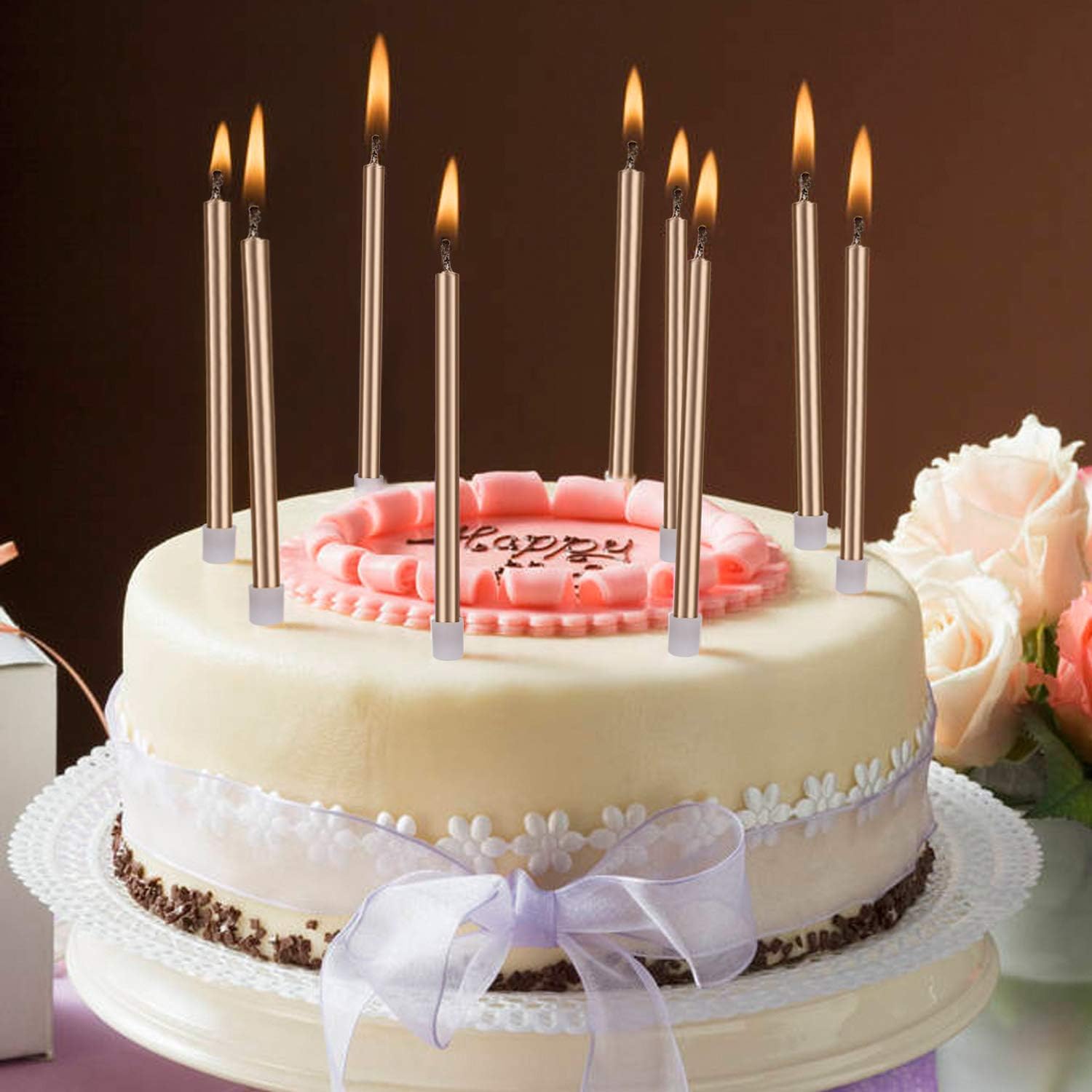 Luter 24Pcs Metallic Birthday Candles in Holders Tall Birthday Cake Candles Long Thin Cupcake Candles for Birthday Wedding Party Decoration(Champagne Gold)