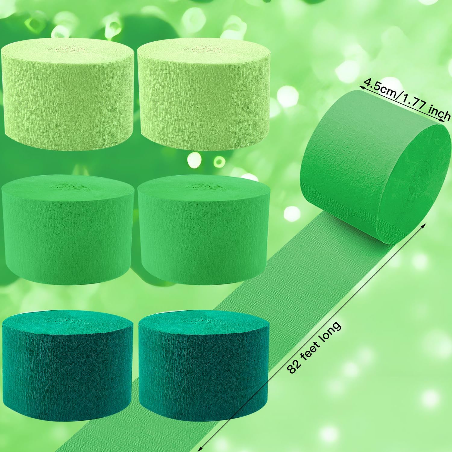 PheiLa Green Crepe Paper Streamers 6 Rolls 492ft, Crepe Paper Birthday Decorations Green Party Supplies for DIY Gift Wrapping Wedding Holiday Party Decor, 1.77 Inch x 82 Ft/Roll