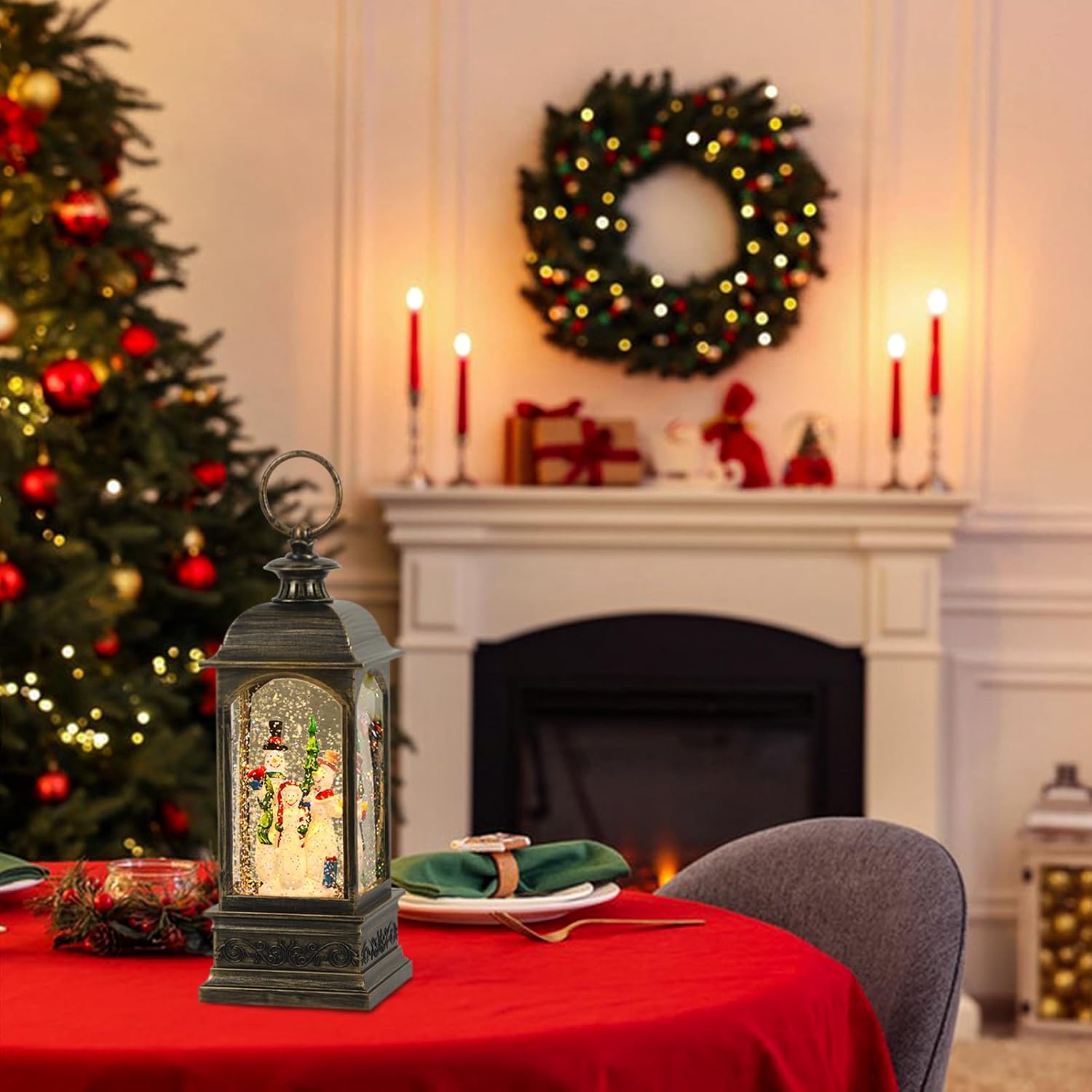 GenSwin Christmas Snow Globes with Music USB Rechargable Cable and Timer, Christmas Lantern Decorations Indoor, 1 Pcs Christmas Music Box with 3 Snowman for Festival Centerpieces
