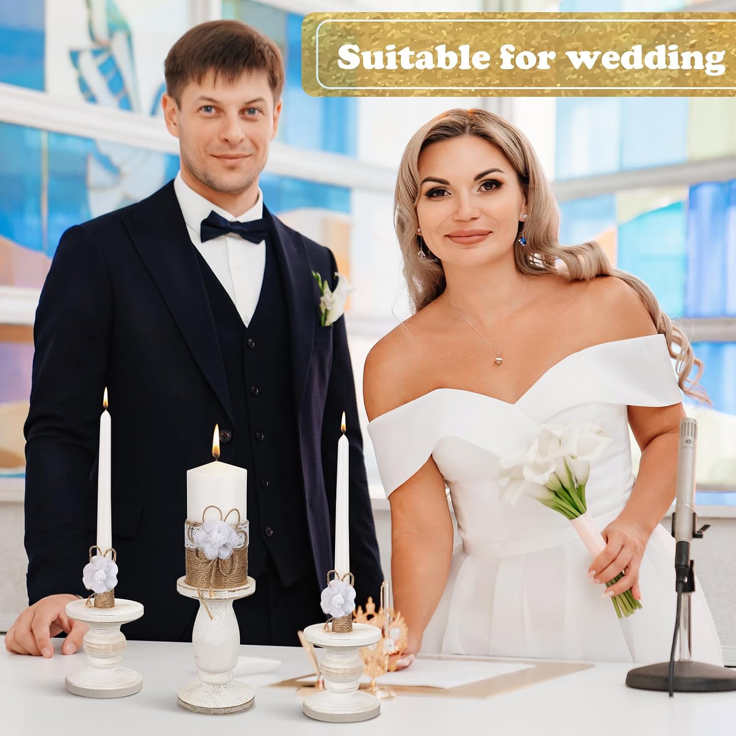Zhehao 3 Unity Candles with 3 Candle Holder for Ceremony Set Rustic Wedding Accessories for Reception Decorative Farmhouse Candle Holder Pillar Candles for Formal Events Church