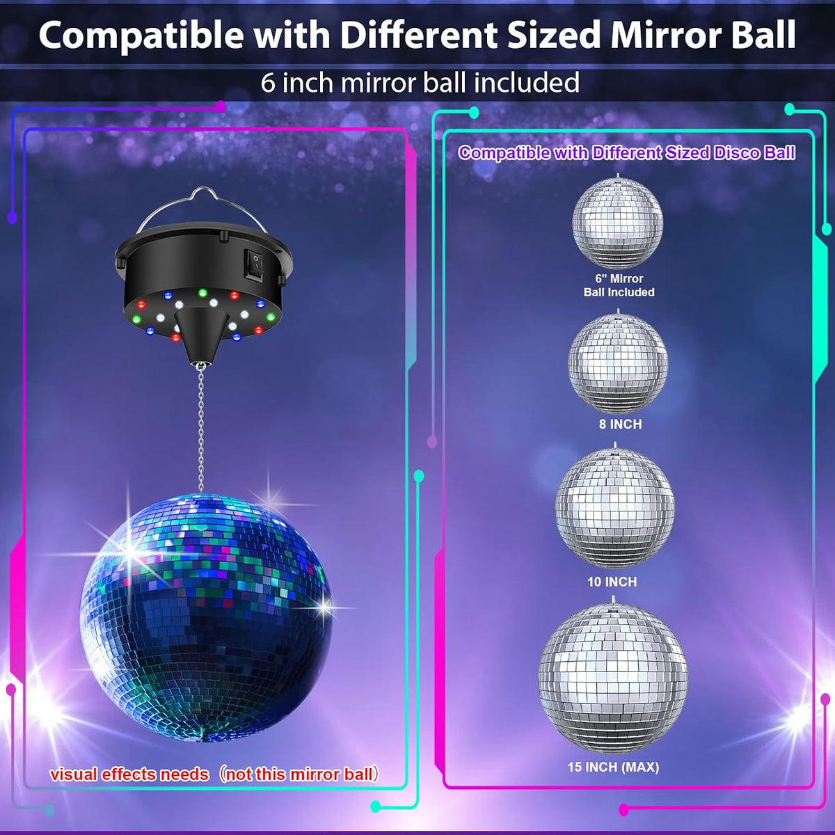 Disco Ball with Motor & Light, 5/8/10/15RPM Disco Spinner & 6" M...
