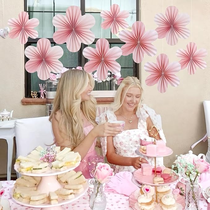 SUNBEAUTY 9 PCS Pink and Cherry Blossom Party Decorations Pink Paper Fans Decor Sunset Party Floral Backdrop Decoration Hanging Paper Flowers for Wall Birthday Wedding Baby Shower Supplies