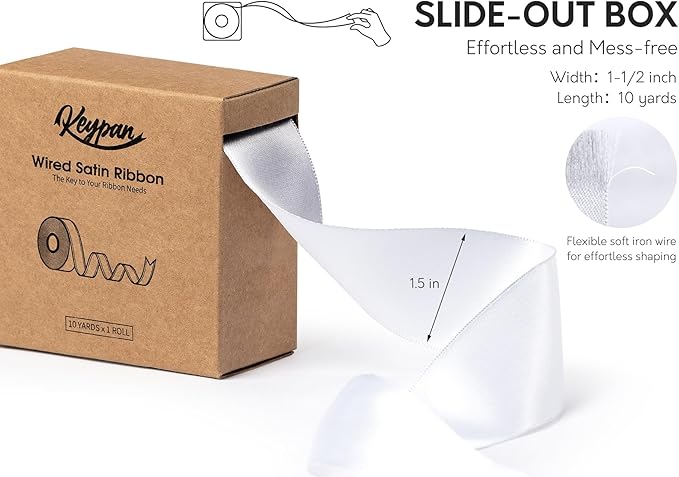 White Satin Ribbon Double-Faced Wired Ribbons for Gift Wrapping Flower Bouquet Bows Wedding Invitation Christmas Decor Crafts 1-1/2 Inch 10 Yards