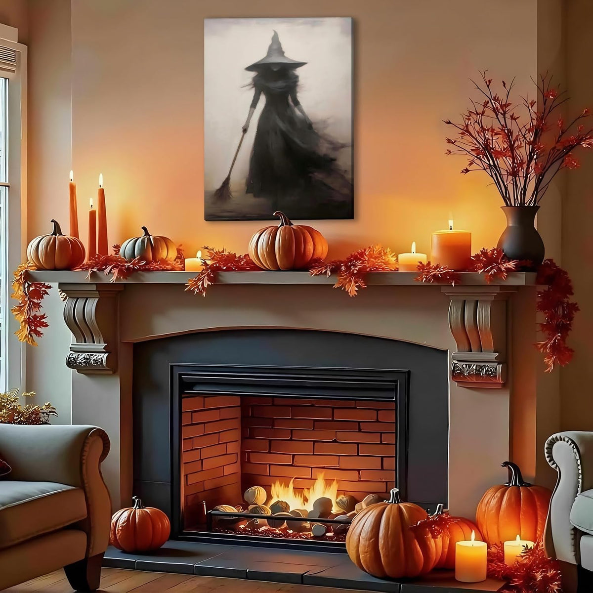 FLZYKGPA Dark and Moody Canvas Wall Art 20x30, Vintage Rustic Witch with Broo...