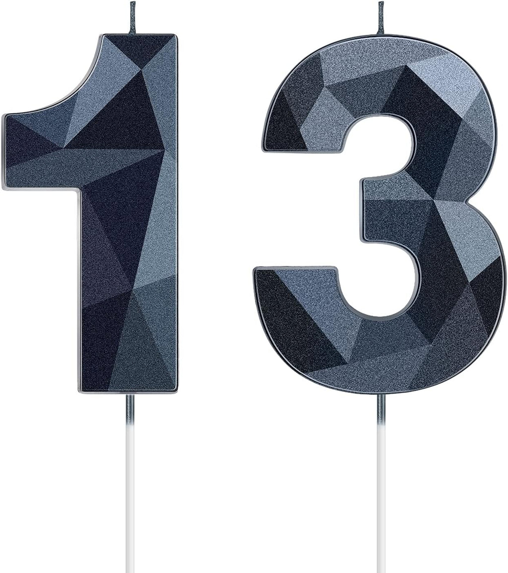 Nuanchu 13 Birthday Candles Black Number 13th Candle Happy Birthday Cake Topper 3D Diamond Shape Numeral 31 Candles Decoration for Boy Girl Women Wedding Theme Party Anniversary Favors(Black)