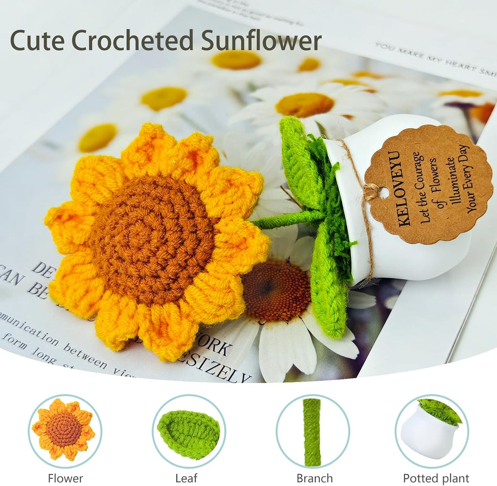 Crochet Flowers Gift Crochet Sunflower Emotional Support Plush Plant Cute Desk Decor Car Dashboard Home Office Decor Mothers Day Valentines Day Birthday Gifts (Orange)