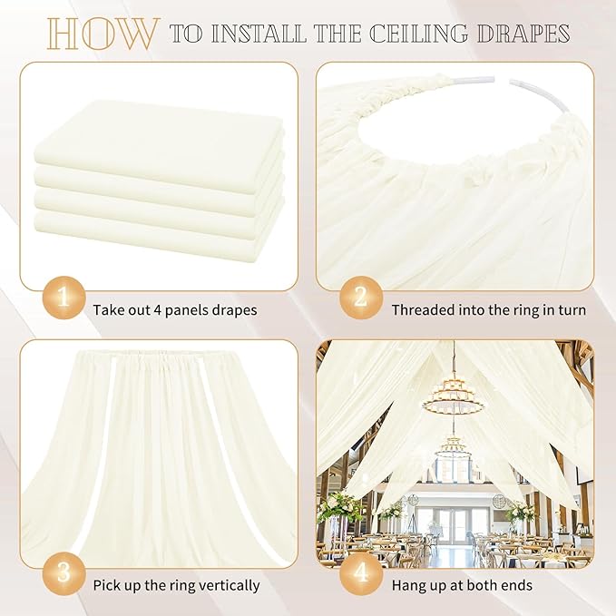 4 Panels Ivory Ceiling Drapes for Wedding 5ftx40ft Sheer Drapery Chiffon Fabric Arch Draping Curtains for Party Ceremony Birthday Baby Shower Reception Stage Ceiling Decorations