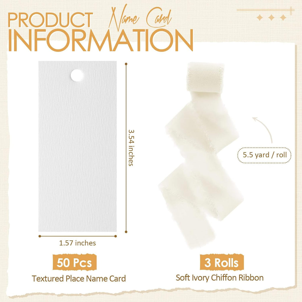 50 Pcs Name Place Cards for Table Setting Blank Wedding Place Cards with Chiffon Ribbon 1.57 x 3.54 Inch Hanging Gift Tags for Wedding Dinner Banquet Party Table Setting Supplies(Ivory)