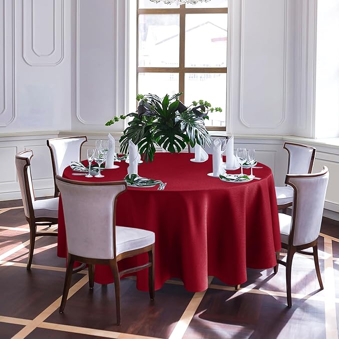 Biscaynebay Textured Fabric Round Christmas Table Cloths 108", Red Water Resistant Folding Table Covers for Dining, Kitchen, Wedding and Parties etc. Machine Washable