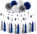 Navy Blue White Silver Party Decorations,23pcs Kit Graduation 2025 Tissue Paper Pom Poms Streamers,Tassel Garland Banner Flowers,Men Birthday Bachelorette Baby Shower Christmas Decor Lasting Surprise