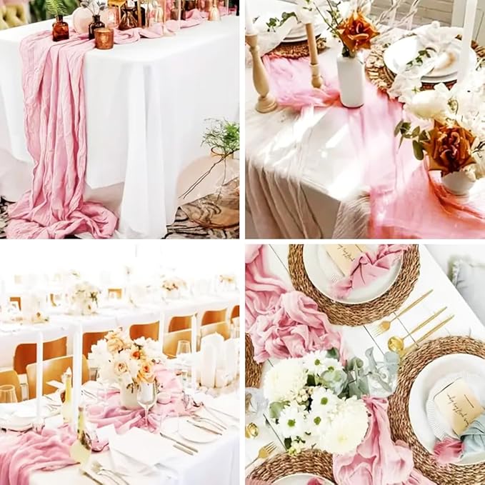 Pink Cheesecloth Table Runner -21*120Inch Long Boho Wedding Table Decor, Rustic Gauze Fabric Runner for Bridal Showers, Baby Showers & Parties (Sheer, Lightweight, Wrinkled Design)