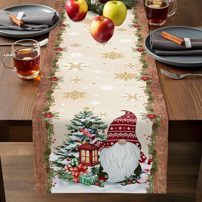 Christmas Gnomes Cotton Linen Table Runner for Dining Kitchen, Xmas Pine Tree Snowflake Rustic Wedding Outdoor Party Tablerunners Decoration, Retro Wood Dresser Scarf Tablecloth Runners 13x70 Inches