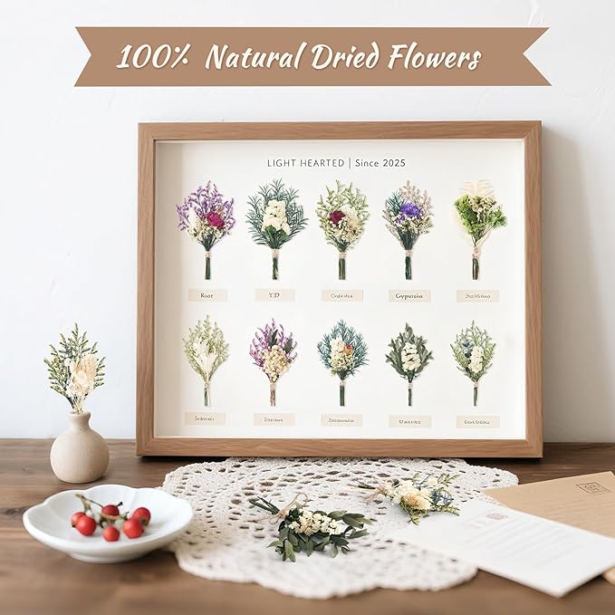 12/24 PCS Charming Dried Flowers Bouquet for Vase Various Dried Wildflowers with Stems Mini Handmade Wildflowers Natural Real Flowers Bulk Flowers Craft (White Series, 12 PCS)