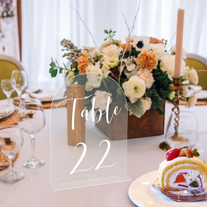 JOYIT Arch Wedding Table Numbers 1-20 with Stands – 5" X 7" Acrylic Table Signs with Clear Background White Text, Perfect Acrylic Table Numbers for Wedding Receptions, Parties, Anniversaries, and Events