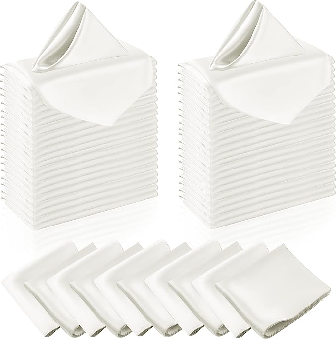 Manyshofu 50 Pieces Ivory White Satin Napkins - 12x12 Inches Cloth Napkins, Square Satin Fabric Napkin Set - Elegant & Reusable Table Napkins for Wedding Dinner Party Lunch Banquet Decoration