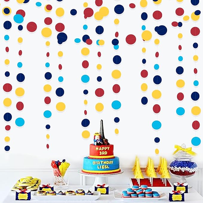 Red Blue Yellow Party Decorations Circle Dots Garland Hanging Paper Polka Dot Streamer for Carnival Circus Clown Fiesta Festivals Birthday Wedding Bridal Shower Wedding Baby Shower Party Supplies