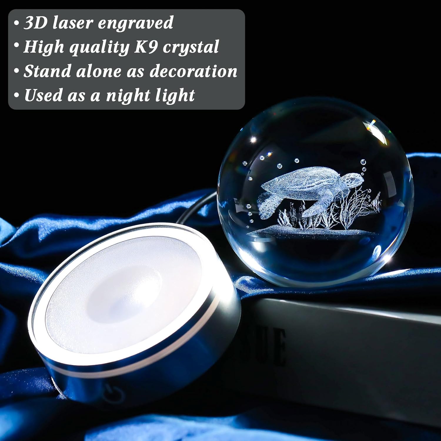 Movdyka Sea Turtle Gifts for Women Men 3D Sea Turtle Decor Statue | Turtle Crystal Ball Night Light Laser Engraved Sea Turtle Ornament Figurine Glass Snow Globe Room Decorations Crafts