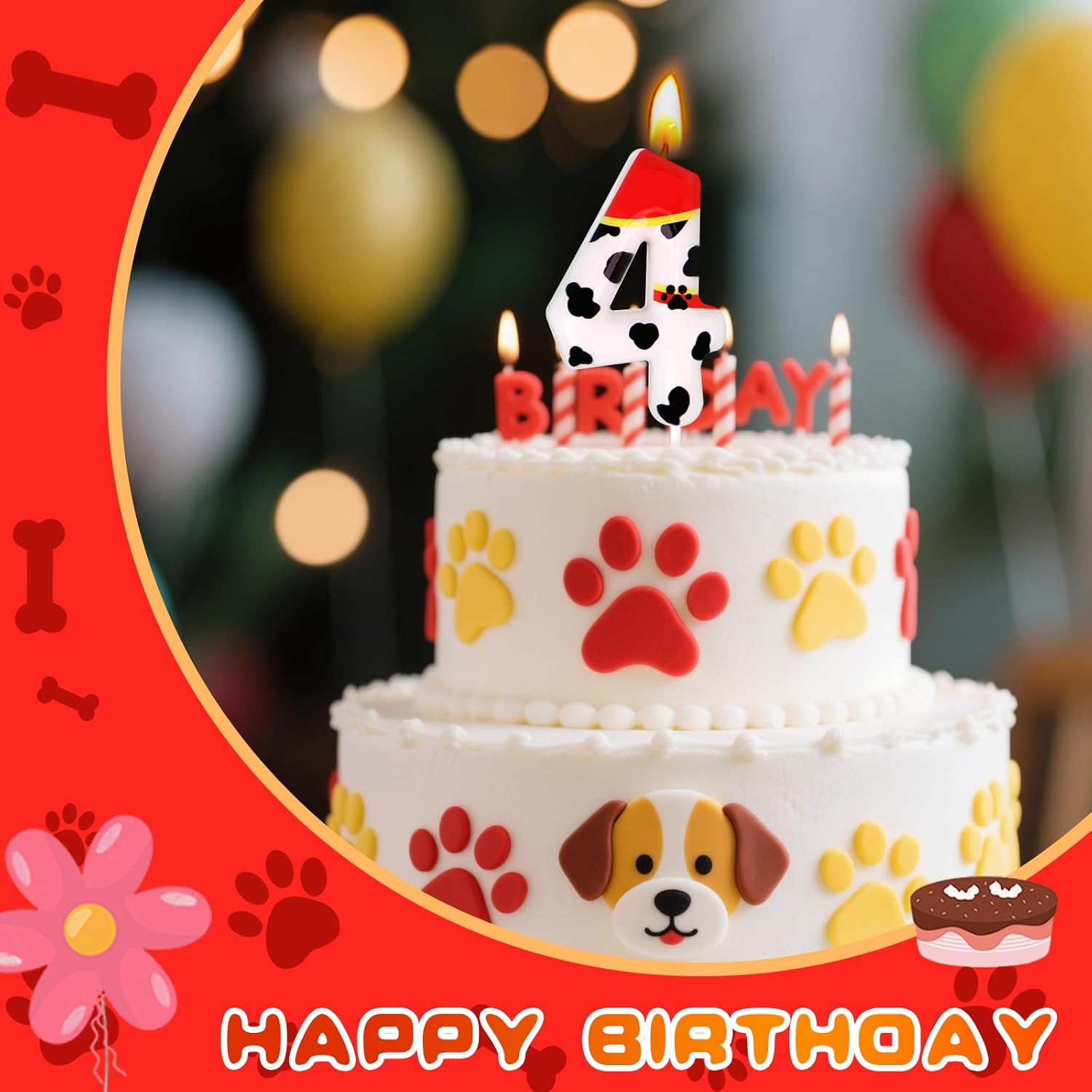 Dog Paw Birthday Candles, Number Candles for Birthday Party Cake Decoration Supplies (Red, Number 4)
