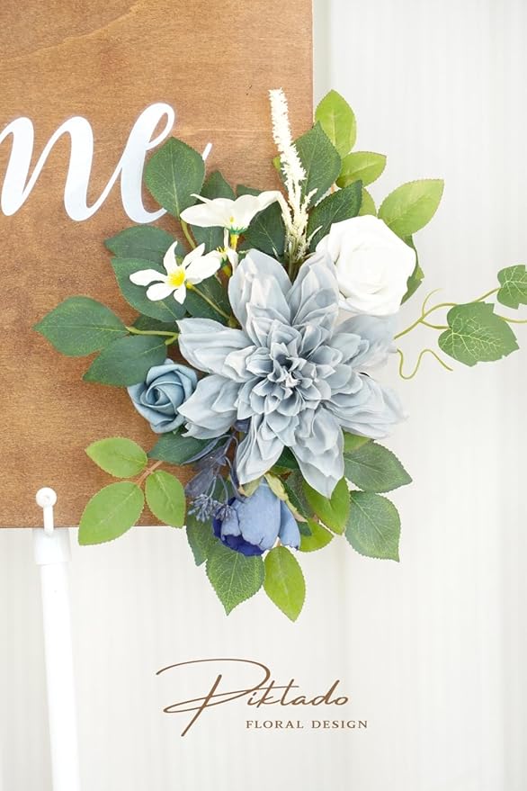 Wedding decor (pack of 2) Welcome Sign Flower Backdrop Garland For Ceremony Reception Wall Easel Home Decoration Entryway Faux Outdoor Board Head Table Decor (Dusty Blue & Navy)