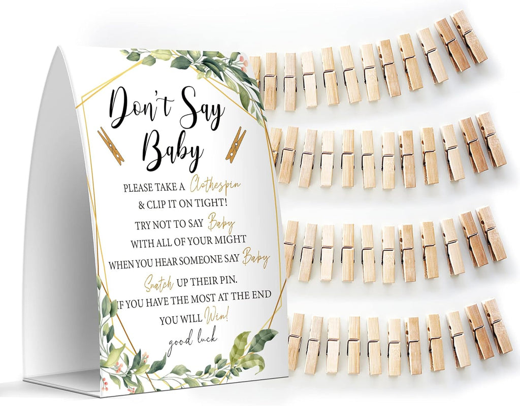 Don't Say Baby Set - One 5x7 Sign and 50 Mini Clothespins, Baby Shower Games, Baby Shower Decoration, Gender Neutral Baby Shower - MsJb013