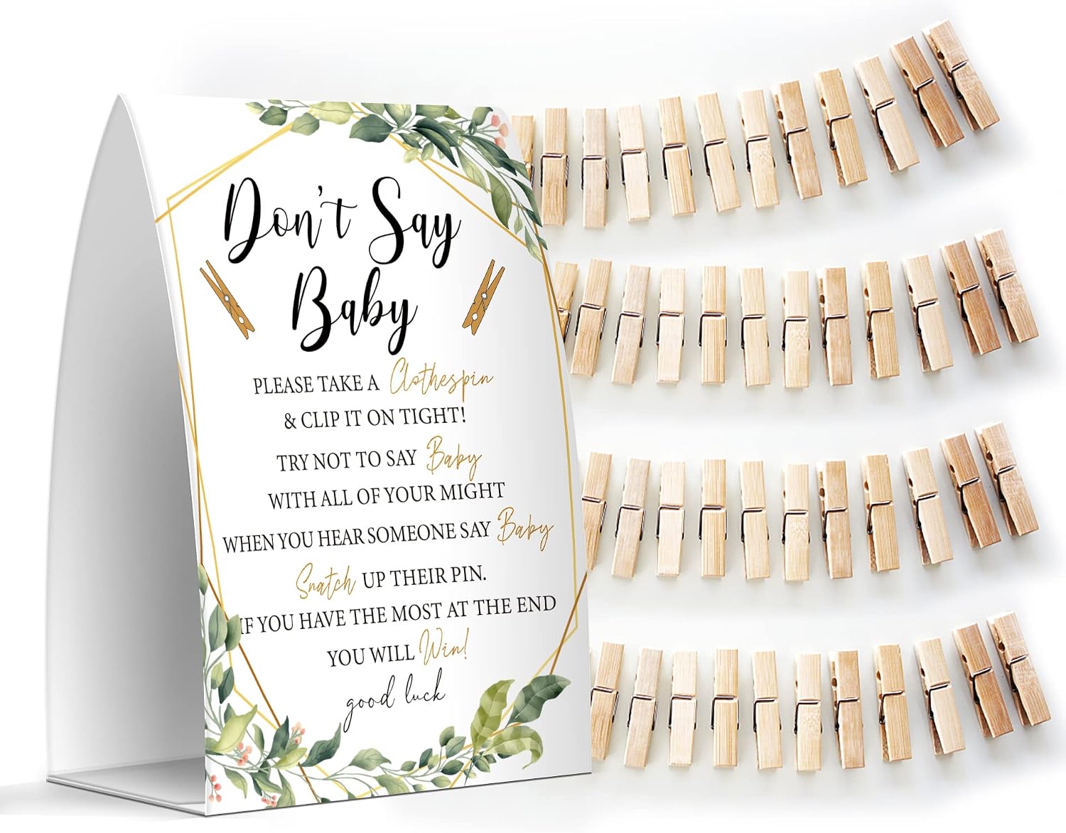 Don't Say Baby Set - One 5x7 Sign and 50 Mini Clothespins, Baby Shower Games, Baby Shower Decoration, Gender Neutral Baby Shower - MsJb013