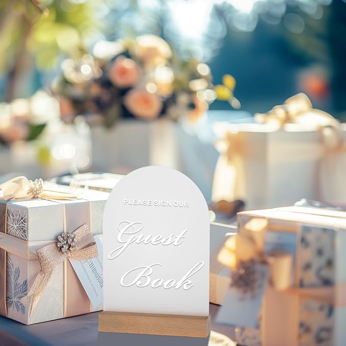 Wedding Guest Book Sign for Ceremony and Reception, Acrylic Wedding Signs with Wood Stand, 5x7" Frosted Arch Please Sign Our Guestbook sign, Perfect for Rustic Wedding Decoration, Party, Anniversary