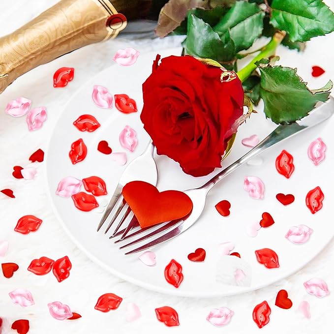 Fangoo 210PCS Red Pink Acrylic Lips Ornaments Mini Acrylic Lips Gems for Valentine Vase Filler Decor for Table Scatter Engagement Valentine's Day Wedding Anniversary Party (RedPink-Lip, 12OZ)