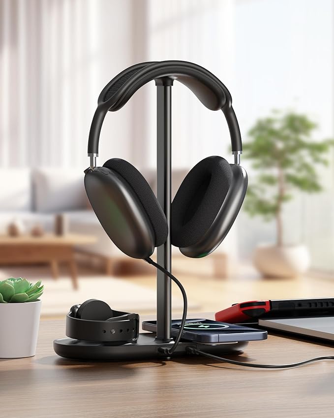 HiWe Universal Headphone Stand, Magnetic Wireless Charger for iPhones/AirPods/iWatch, Aluminum Alloy Rod, Leather Pad, ABS Solid Base, Black