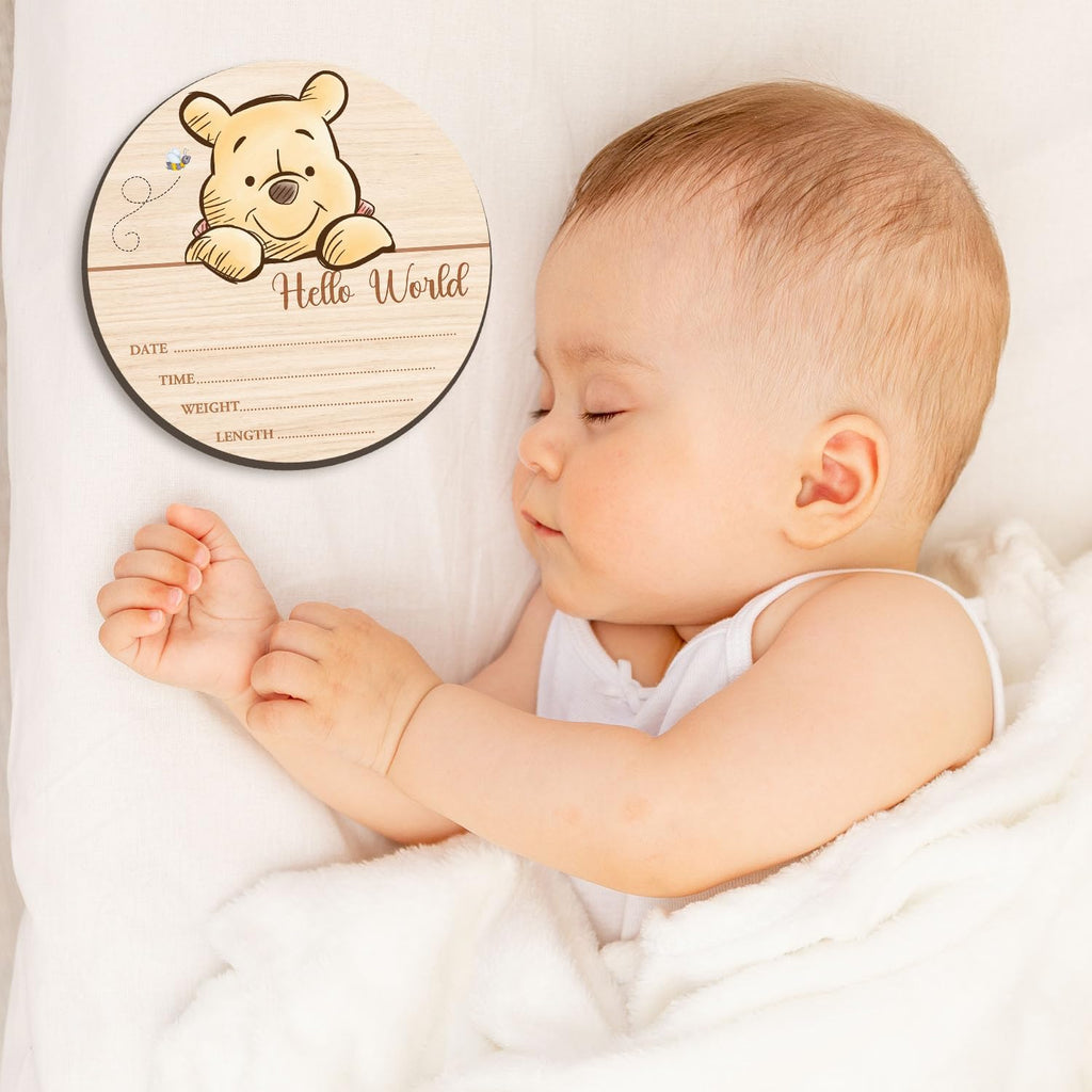 Winnie Baby Wooden Newborn Birth Sign, Winnie Hello World Newborn Signs, The Pooh Baby Announcement Sign, Double Sided Babies Name Plaques Photography Prop, Hello World for New Mom Babies