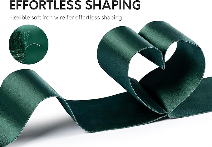 Green Satin Ribbon Double-Faced Wired Ribbons for Gift Wrapping Flower Bouquet Bows Wedding Invitation Christmas Decor Crafts 2-1/2 Inch 10 Yards