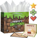 Crisky Large Video Game Birthday Bags with 3D Pop Up Cake Card, Tissue Papers, Pixel Boys Birthday Gift Bag for Teens Girls Men Women Gamer Party Decorations