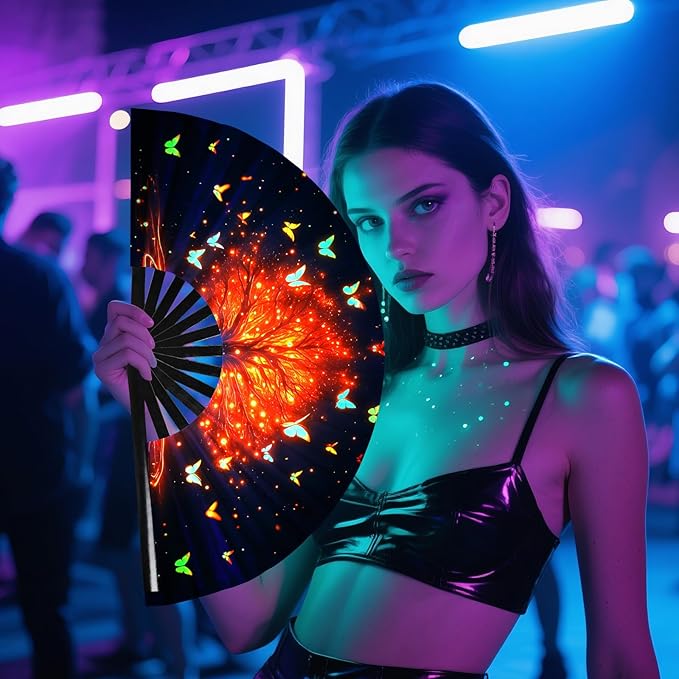 SYNTECSO Folding Hand Fan for Rave, Popping Fan for Line Dancing, Drag Queen, Women and Men Gift，Chinese Japanese UV Glow Clack Fan for Parties, Music Festivals, EDM and Decoration