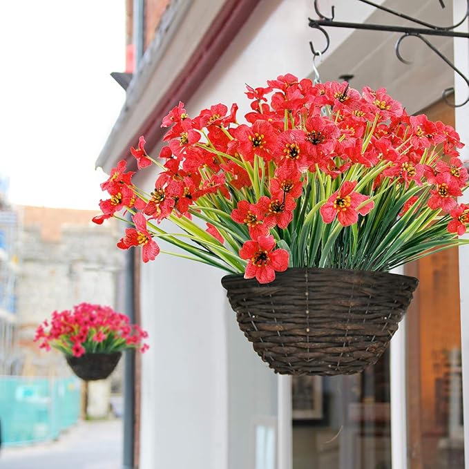 12 Bundles Artificial Flowers Outdoor UV Resistant Fake Flowers No Fade Faux Plants Garden Porch Window Box Decorating (Deep Red)