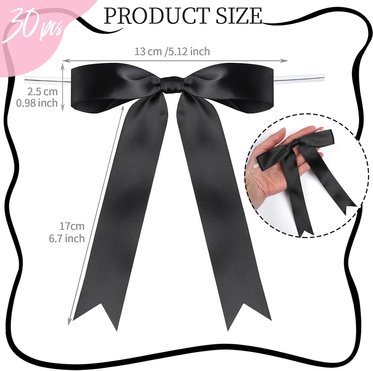 YGDZ Black Bows 30PCS, Satin Ribbon 5x7'' Large Black Bow for Champagne Bottle Wrapping, Balloons, Twist Tie Bows Decorations for Party, Cake, Craft, Gift