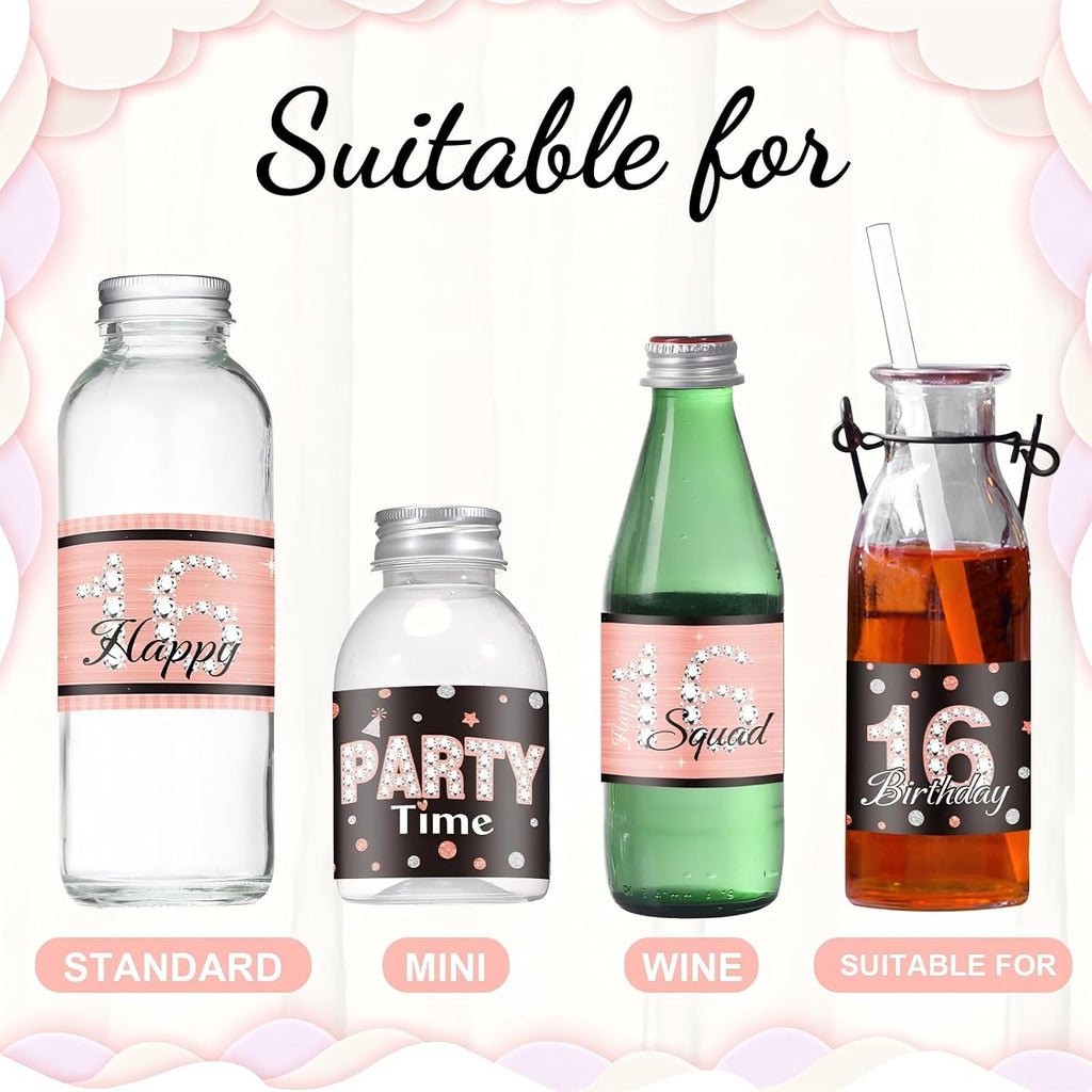 Zonon 39 Pieces Happy 16 Water Bottle Labels 16th Birthday Water Bottle Wrappers Happy Sixteen Waterproof Label Stickers for 16th Girls Birthday Party Decorations Guests Favors (Pink)