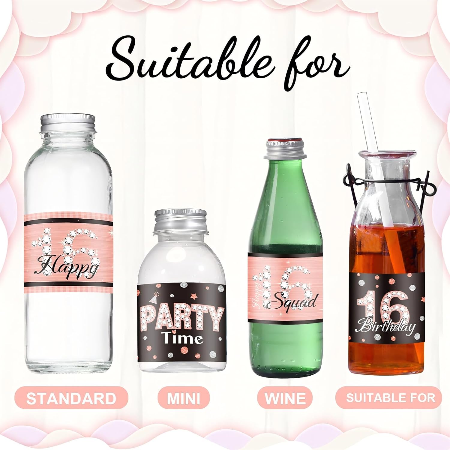 Zonon 39 Pieces Happy 16 Water Bottle Labels 16th Birthday Water Bottle Wrappers Happy Sixteen Waterproof Label Stickers for 16th Girls Birthday Party Decorations Guests Favors (Pink)