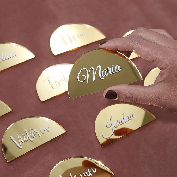 UNIQOOO 20 Pcs 3.5x2 inches Gold Mirror Half Circle Acrylic Sign DIY Blank Semicircle Acrylic Place Cards, Perfect for Wedding Table Decor, Centerpiece, Decoration, Party,Anniversary, Event