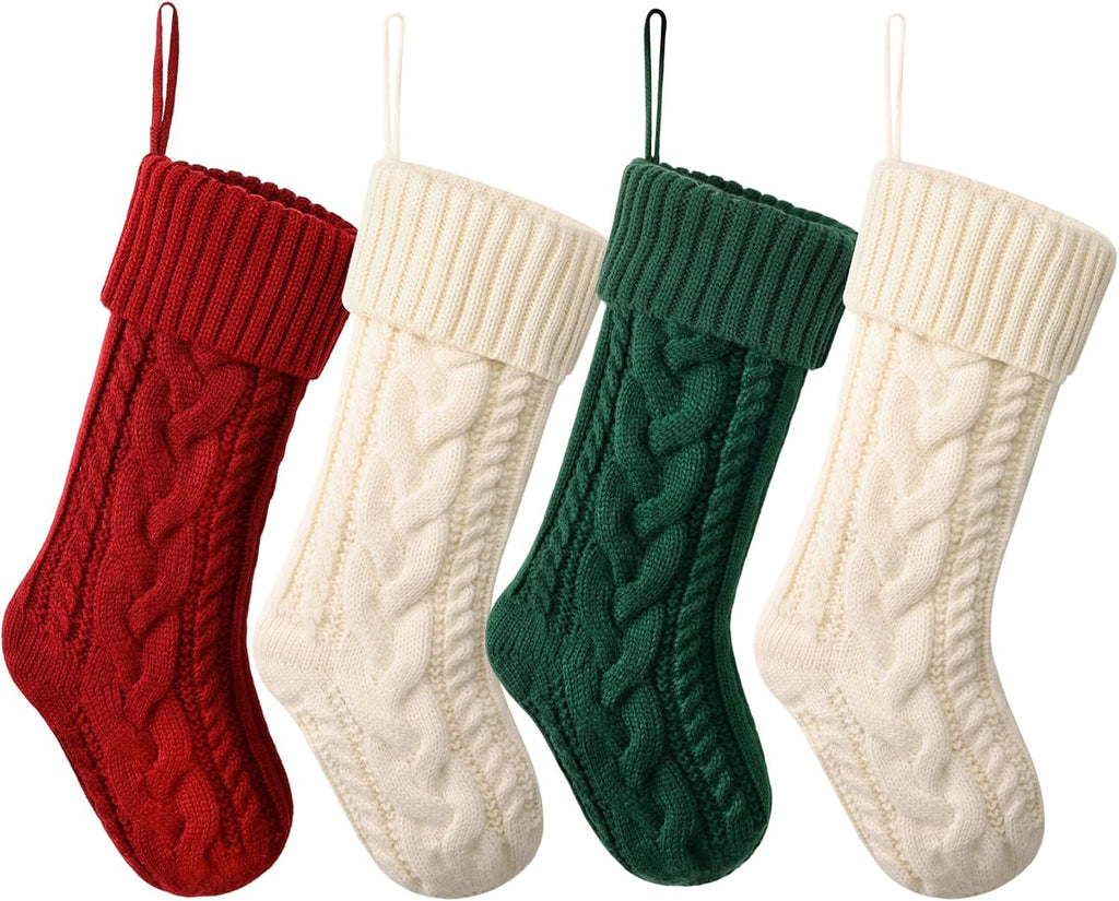 ELEGANTPARK Christmas Stockings 4 Pack Knitted Green White Red Christmas Stockings Large Xmas Decoration for Holiday Fireplace Hanging Holiday Decoration for Family Kids Xmas 18 Inch