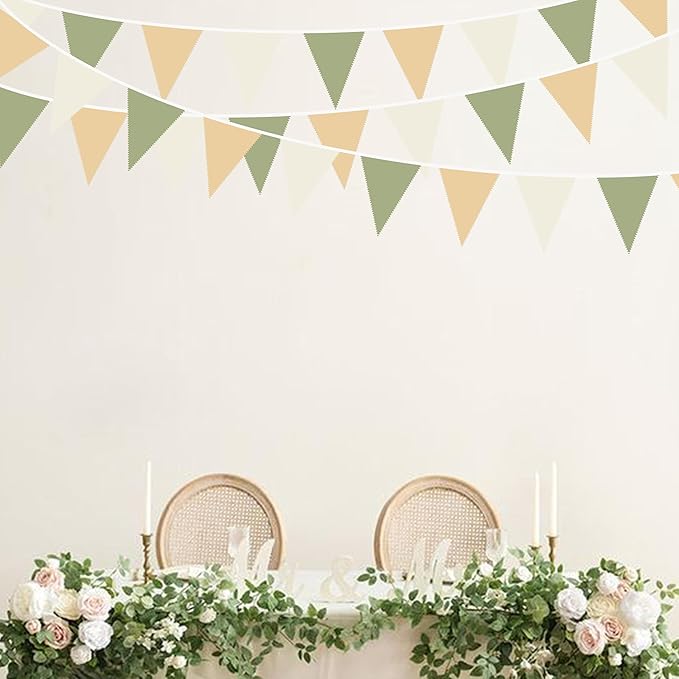 32Ft Camping Party Decorations Olive Green Tan Brown Cream Neutral Triangle Flag Fabric Banner Pennant Garland Streamers for Woodland Birthday Jungle Baby Shower Safari Camper Bachelorette Decor