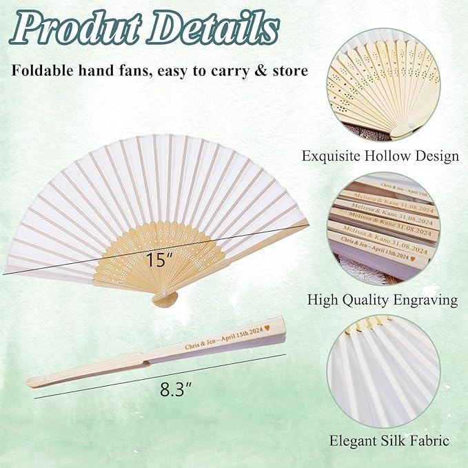 Personalized Engraved White Silk Fans Folding Hand Fans, Summer Wedding Fans, Custom Silk-Bamboo Fans Wedding Party Favor Bridal Shower Gifts (5 Pieces)