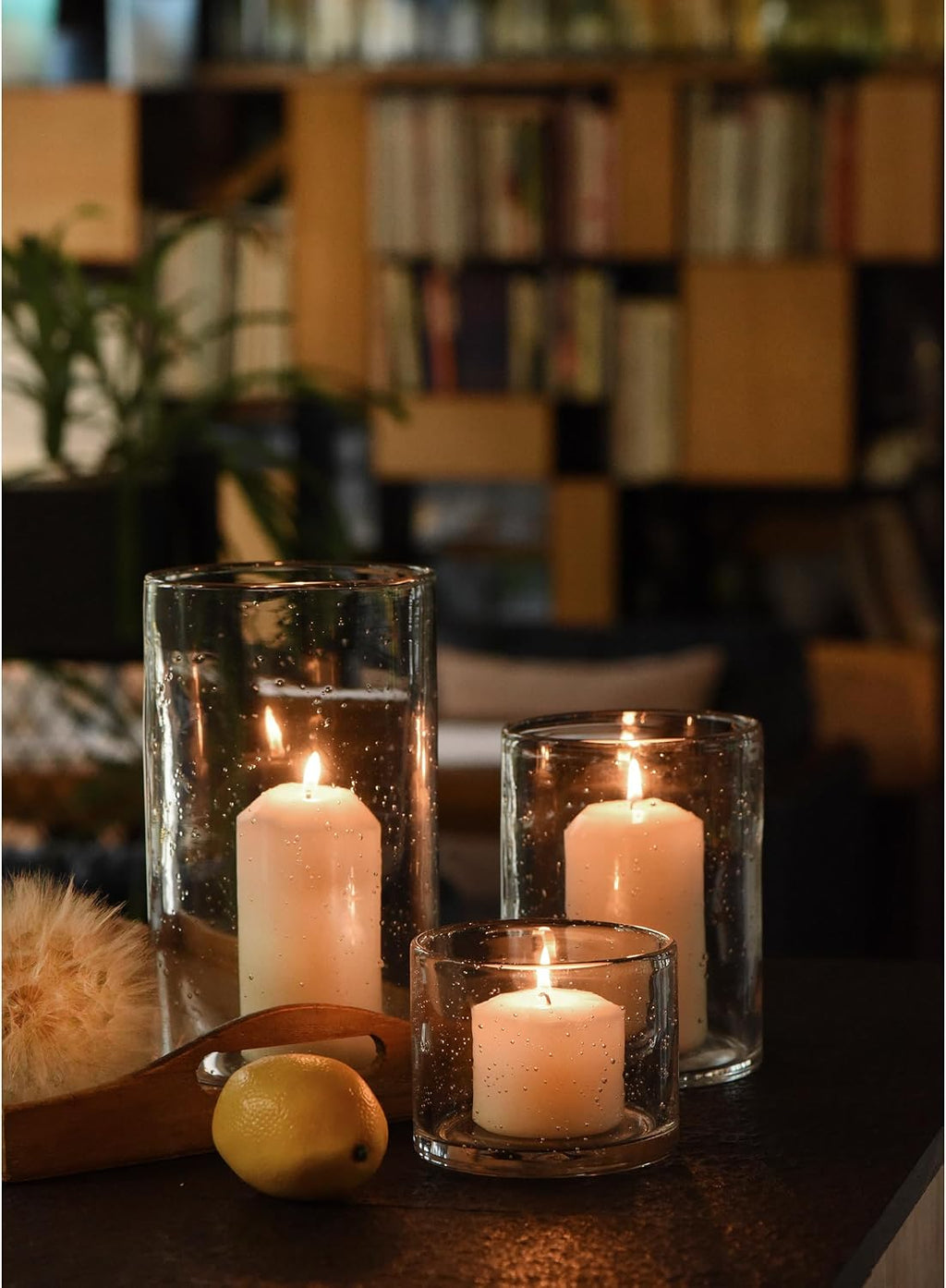 Hurricane Candle Holders Glass Cylinders Set of 3 (10" 7" 4") | Clear Seeded Bubbles, Cylinder Vases For Pillar Candles, Modern Rustic Table Centerpiece Decor