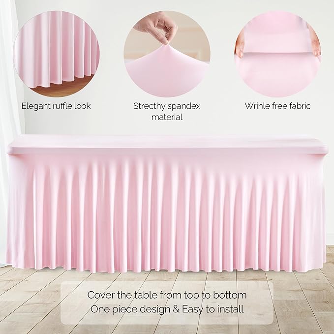 Wish Care 2 Pack Pink Spandex Table Clothes for 4 Foot Rectangle Tables, 4FT Wrinkle Free Fitted Tablecloths Ruffles Design Table Cover for Party, Banquet, Wedding and Events