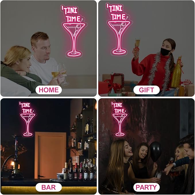 Tini Time LED Neon Sign, Martini Neon Sign for Bars, Elegant Cocktail Glass Neon, Martini Cocktail Bar Wall Decor, Bar Wall Art, Pub neon, 16.5"x8.7", Pink