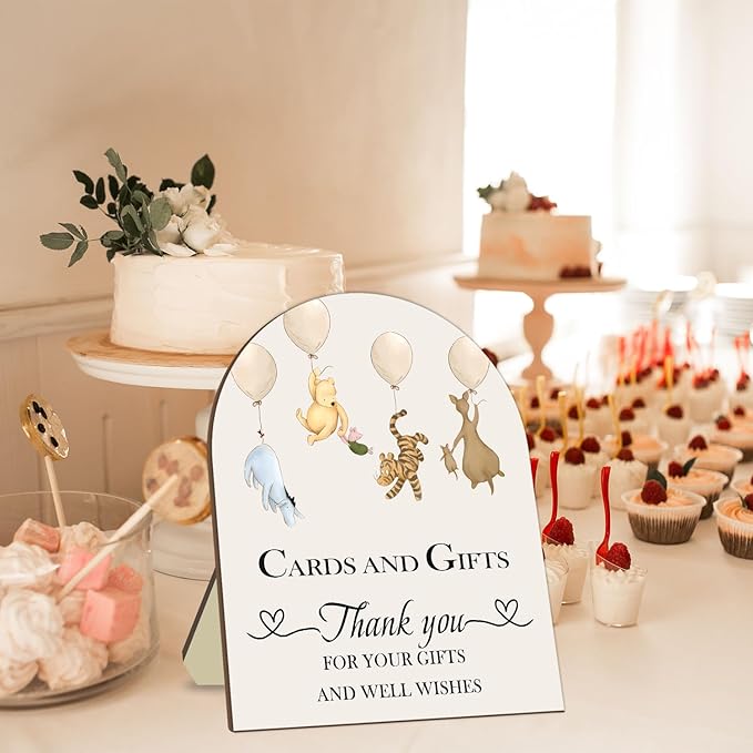 Winnie Cards and Gift Sign, Classic Pooh Thank You Wooden Sign, Classic Winnie Bridal Shower Baby Shower Favors, Thank You for Your Gift and Well Wishes Sign with Stand 9 * 11IN