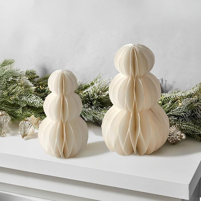 LampLust Snowman Decor, 2 Pack White Honeycomb Paper Snowmen, 6 & 8 Inch, Winter Wonderland & Enchanted Forest Decorations Indoor, Home Mantle Decor, Centerpiece Table Decorations