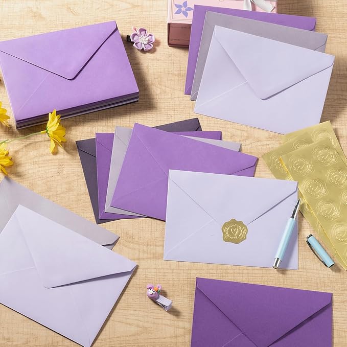 50 Pack Colored A6 Invitation Envelopes 4x6 with Gold Stickers for Cards and Invitations, 5 Colors (Purple, 6 1/2 x 4 3/4 inches)