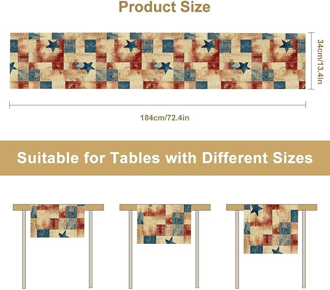 4th of July Table Runner, Rustic Vintage Country Red White Blue American Stars Independence Day Print Table Cover for Farmhouse Kitchen Dining Table Decor, 13x90inch
