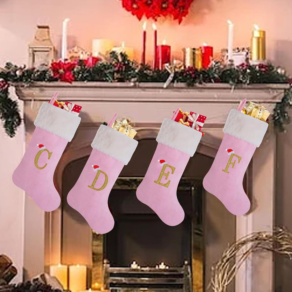 20-Inch Letter Embroidered Christmas Stocking Thick and Luxurious Pink Velvet with Super Soft Plush Cuff Personalized Festival Decoration for Xmas and New Year Party(Letter C)